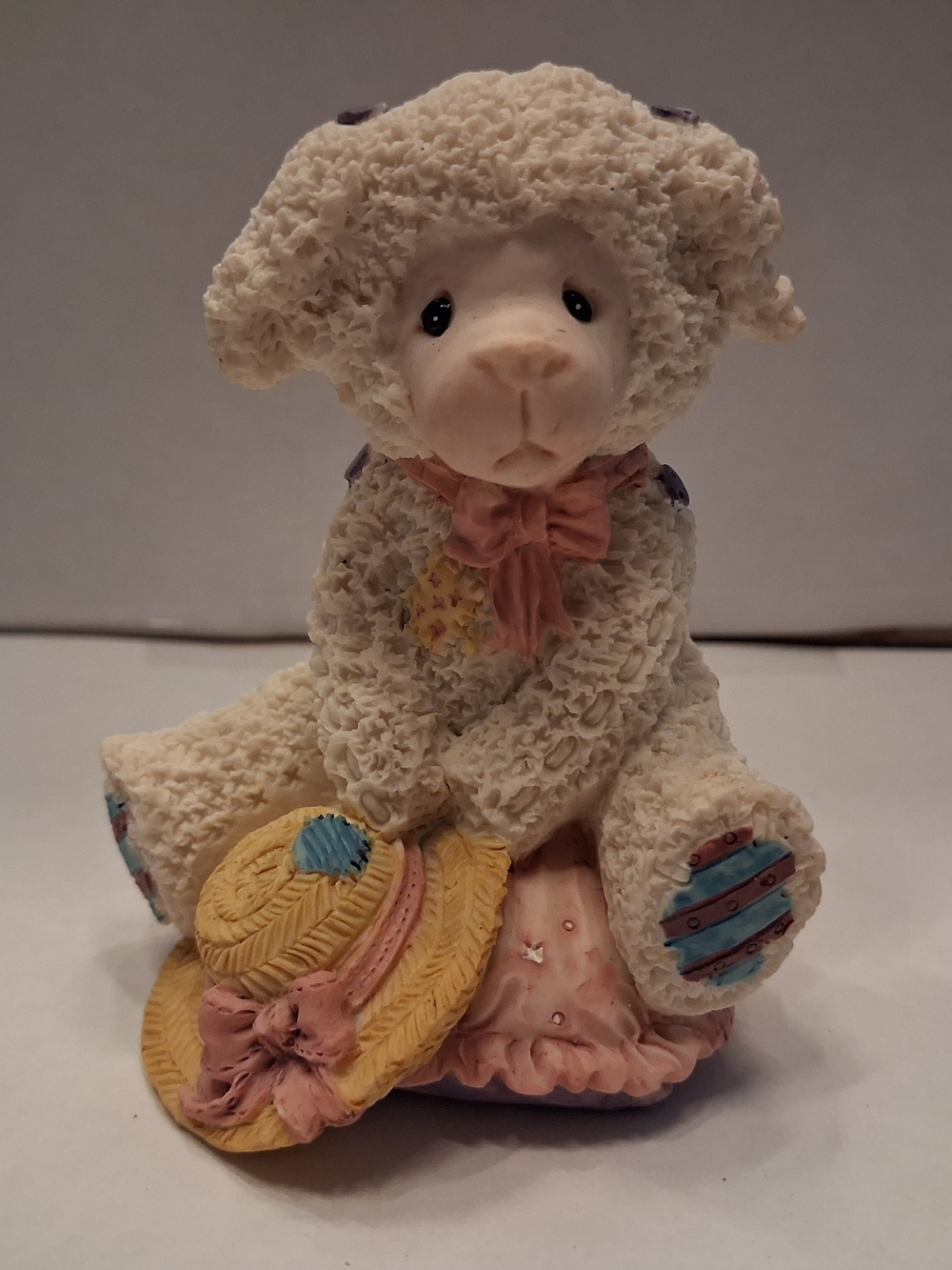 Lamb Figurine with Pink Bow and Yellow Hat - Small Pets Decor (Vintage)
